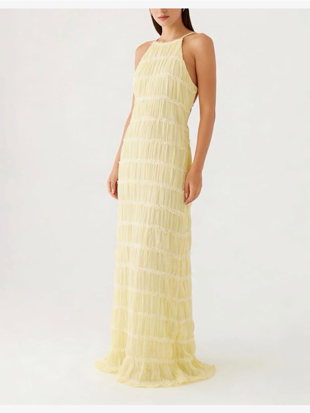 Amazon Backless Halter Tiered Maxi Dress in Pale Yellow
